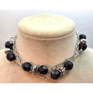 Black Faceted Beaded Necklace on Silver Tone Chain